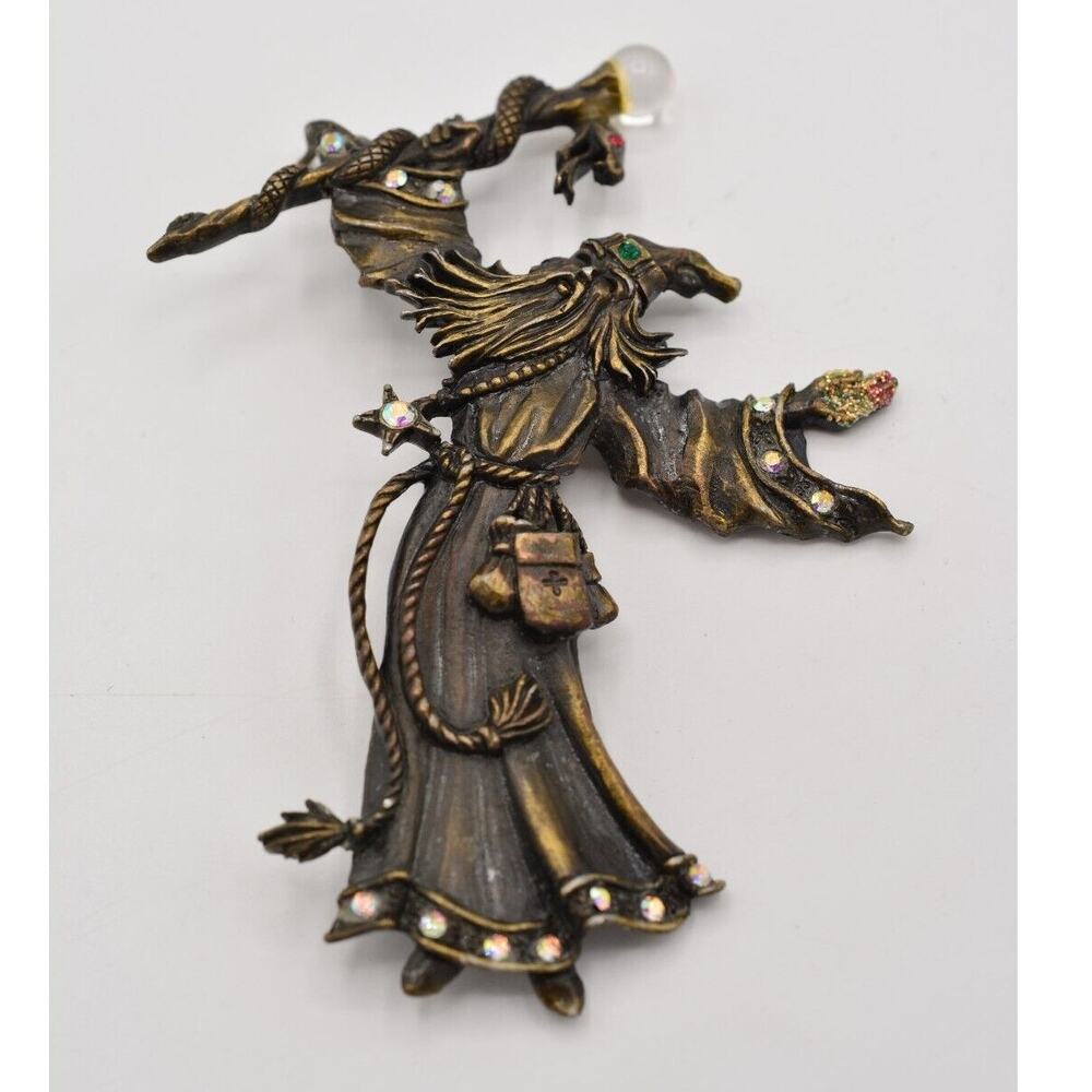 JJ Vintage Merlin Wizard Pin Brooch Cabochon Crystal Brass Signed 1980s BinJ